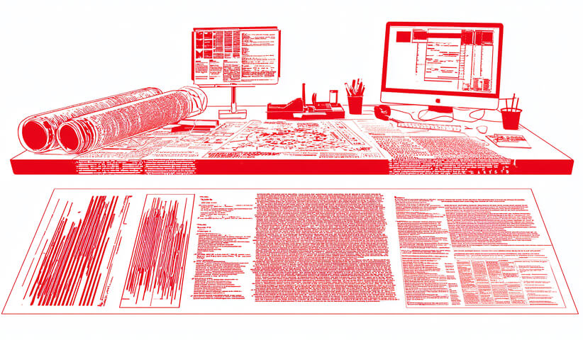Creative workstation surrounded by briefs, documents, digital interfaces, and project information, illustrating the tools and resources involved in managing ongoing design requests.