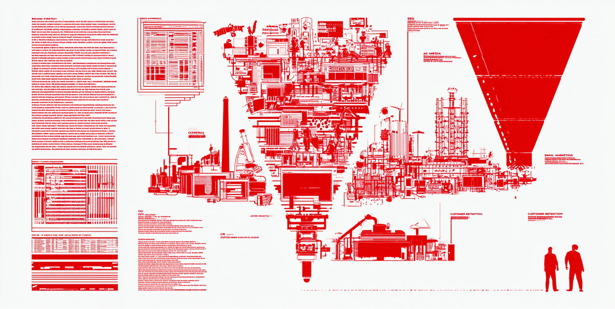 Complex creative and marketing system combining production tools, digital platforms, documentation, and performance-focused infrastructure, illustrating a comprehensive agency approach that connects brand, creative, and growth.