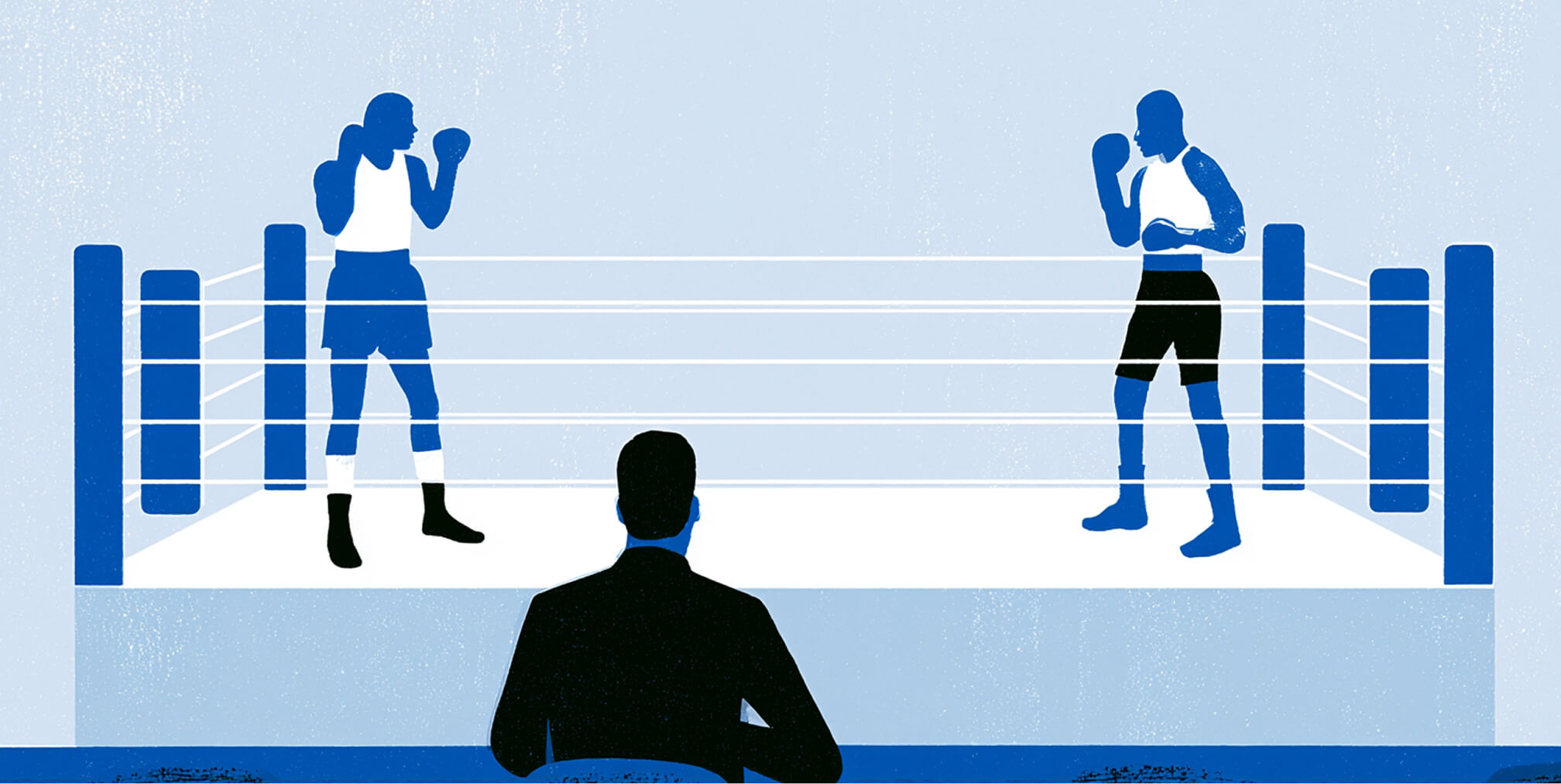 Two boxers face off in a ring while a viewer evaluates the matchup, representing a direct comparison between Pentagram and The Branded Agency.