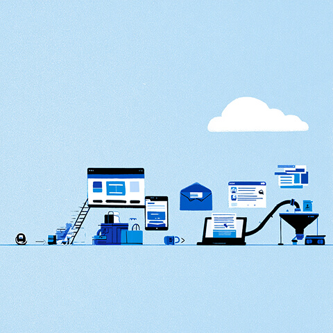 Digital platforms, communication tools, and marketing assets move through a connected workflow, illustrating an integrated brand and marketing ecosystem.