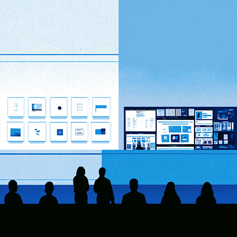 Audience reviews two contrasting creative presentations, representing the process of evaluating different branding agency approaches and capabilities.