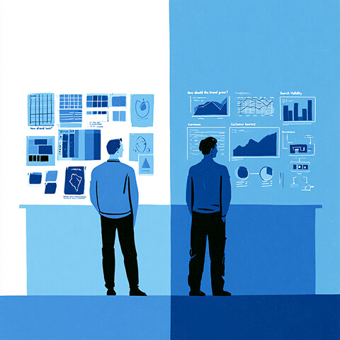 Two professionals examine contrasting sets of brand assets and performance data, representing the difference between creative-focused and growth-focused agency approaches.