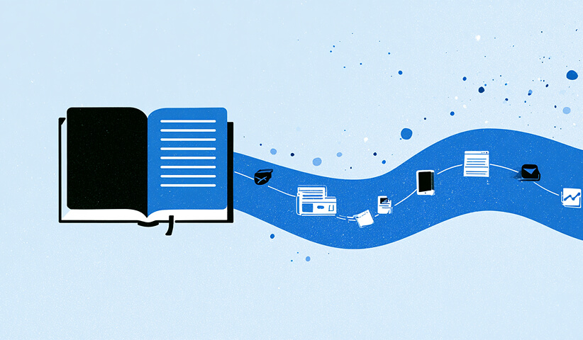 Open book transforms into a stream of connected digital content and communication assets, illustrating how brand strategy expands across multiple marketing channels.