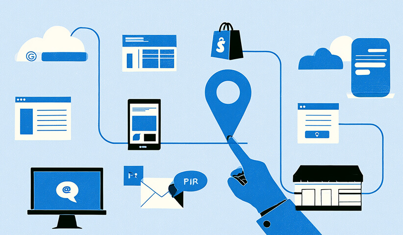 Connected ecommerce, website, email, location, and communication touchpoints illustrate a coordinated digital brand experience across customer channels.