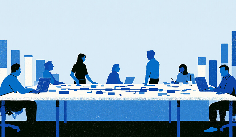 Collaborative team works around a large strategy table, representing the research, planning, and creative collaboration involved in building a brand.