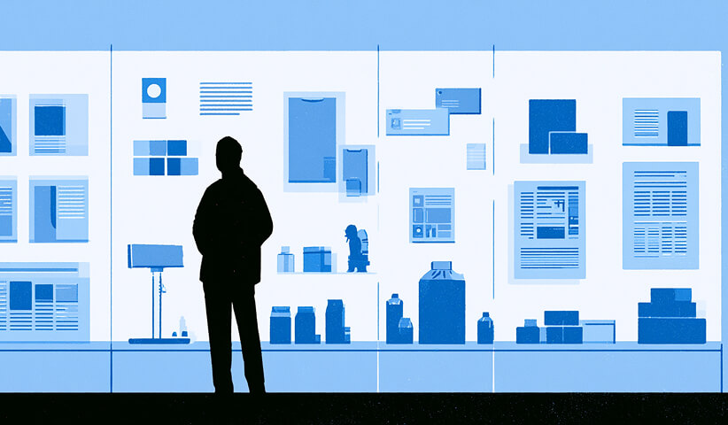 Professional evaluates a wall of packaging, layouts, and visual identity concepts, representing the development and refinement of a cohesive brand system.