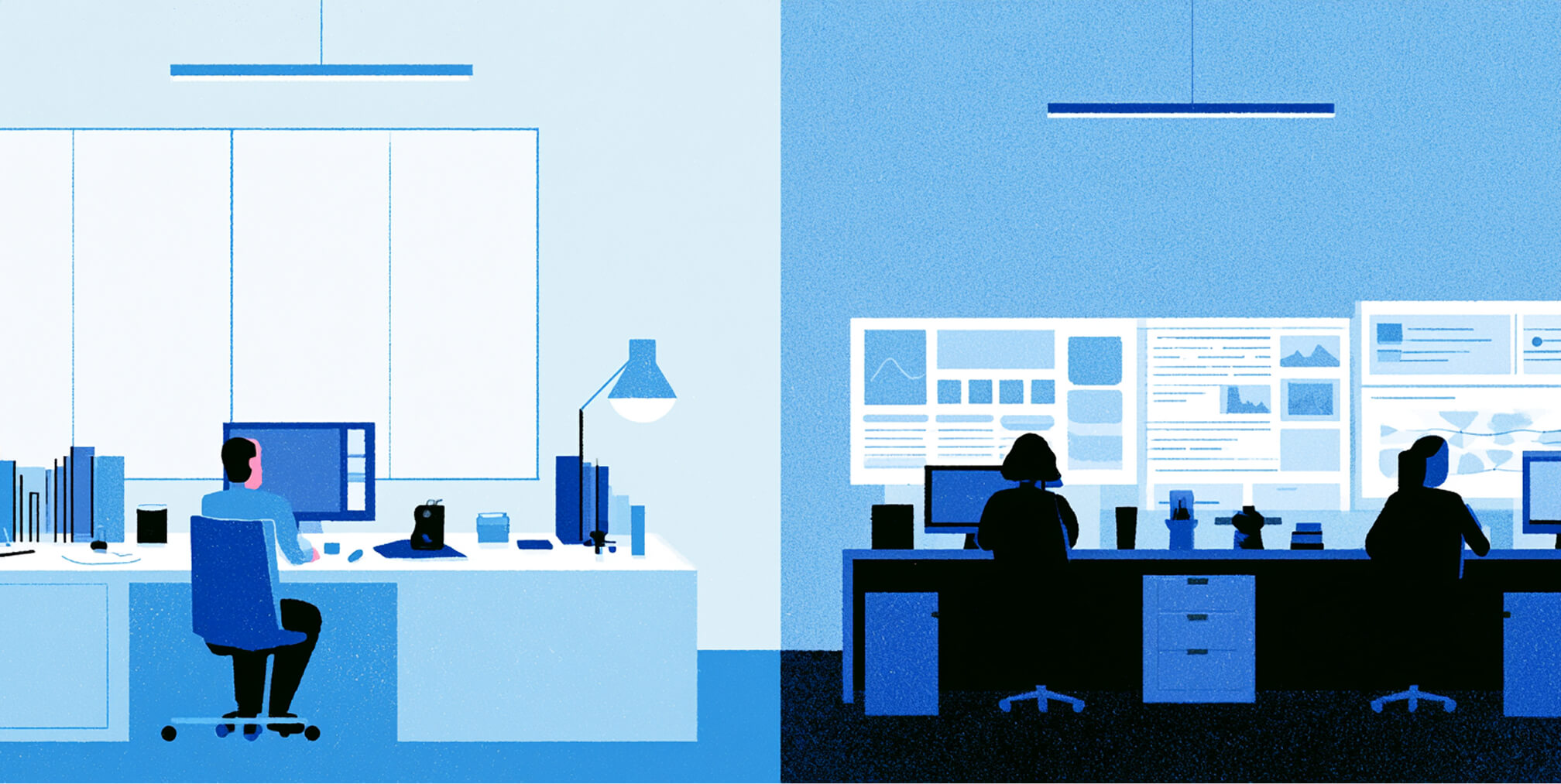 Split creative workspace contrasts an individual designer with a larger team analyzing digital interfaces, representing different agency structures and approaches to creative execution.
