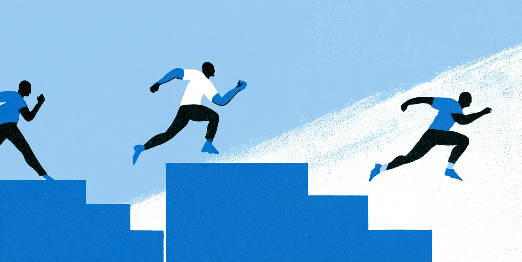 Three runners race across rising platforms, symbolizing competition, momentum, and choosing the branding partner best positioned to support business growth.