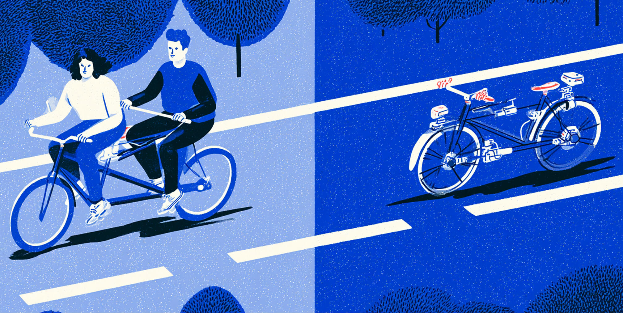 Two cyclists share a tandem bike while another tandem sits empty on a parallel path, representing the choice between collaborative AI-assisted design and a more automated approach.
