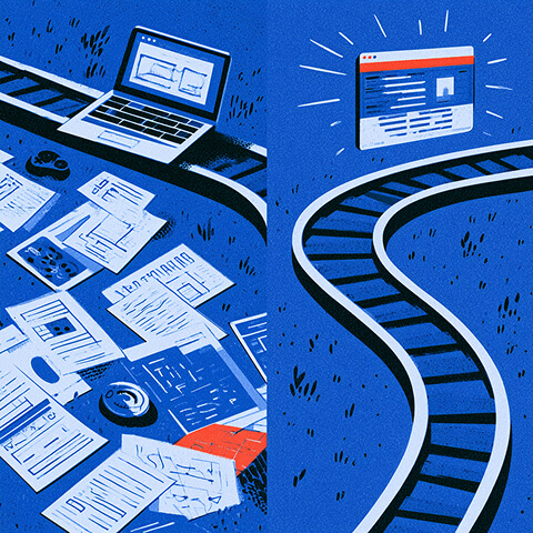 Traditional design materials and a laptop follow one path while a finished website follows another, illustrating different routes from concept to completed web design.