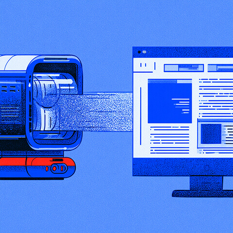 Automated machine sends digital output directly to a website interface, representing fully automated AI website generation with minimal human involvement.