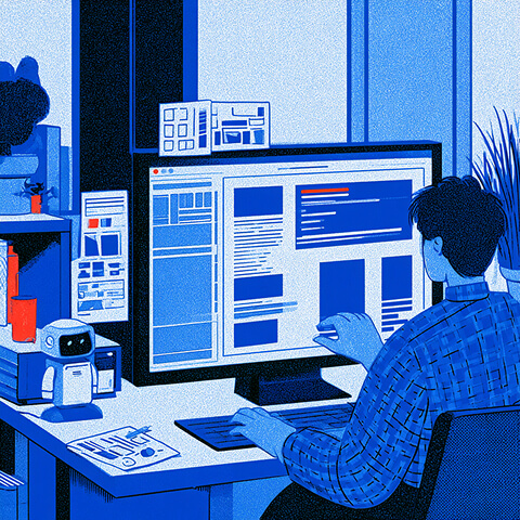 Designer works at a large digital interface with an AI device nearby, illustrating AI supporting a human-led web design workflow.