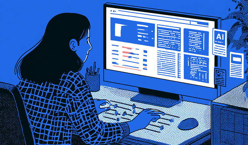 Designer works on a website interface alongside visible AI tools, representing human creativity enhanced by artificial intelligence.