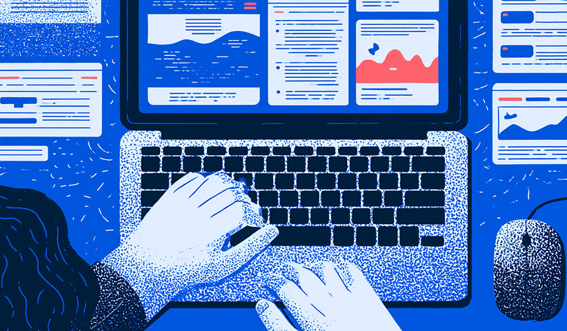 Person works on a laptop surrounded by content panels, analytics, and digital assets, illustrating an AI-assisted workflow that accelerates multiple web design tasks.