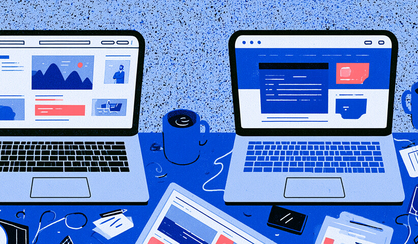 Two laptops display contrasting website designs side by side, representing the comparison of different web design approaches, outputs, and levels of customization.