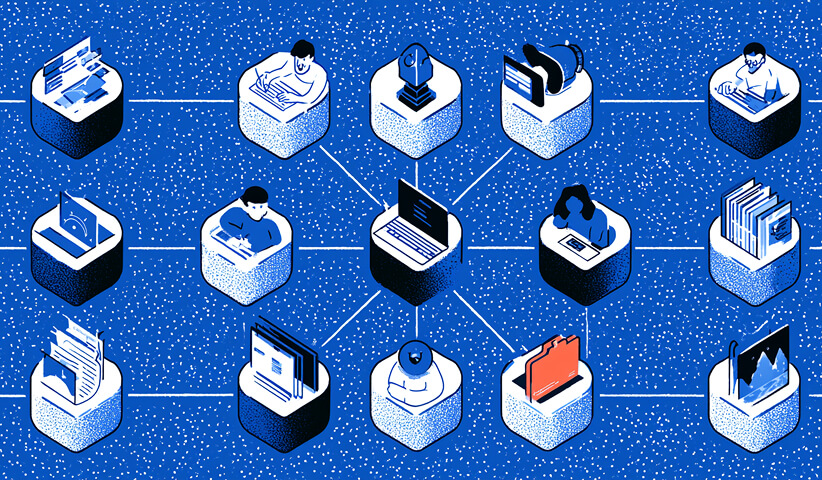 Connected network of designers, digital tools, files, and AI systems illustrates a scalable web design workflow combining people and technology.