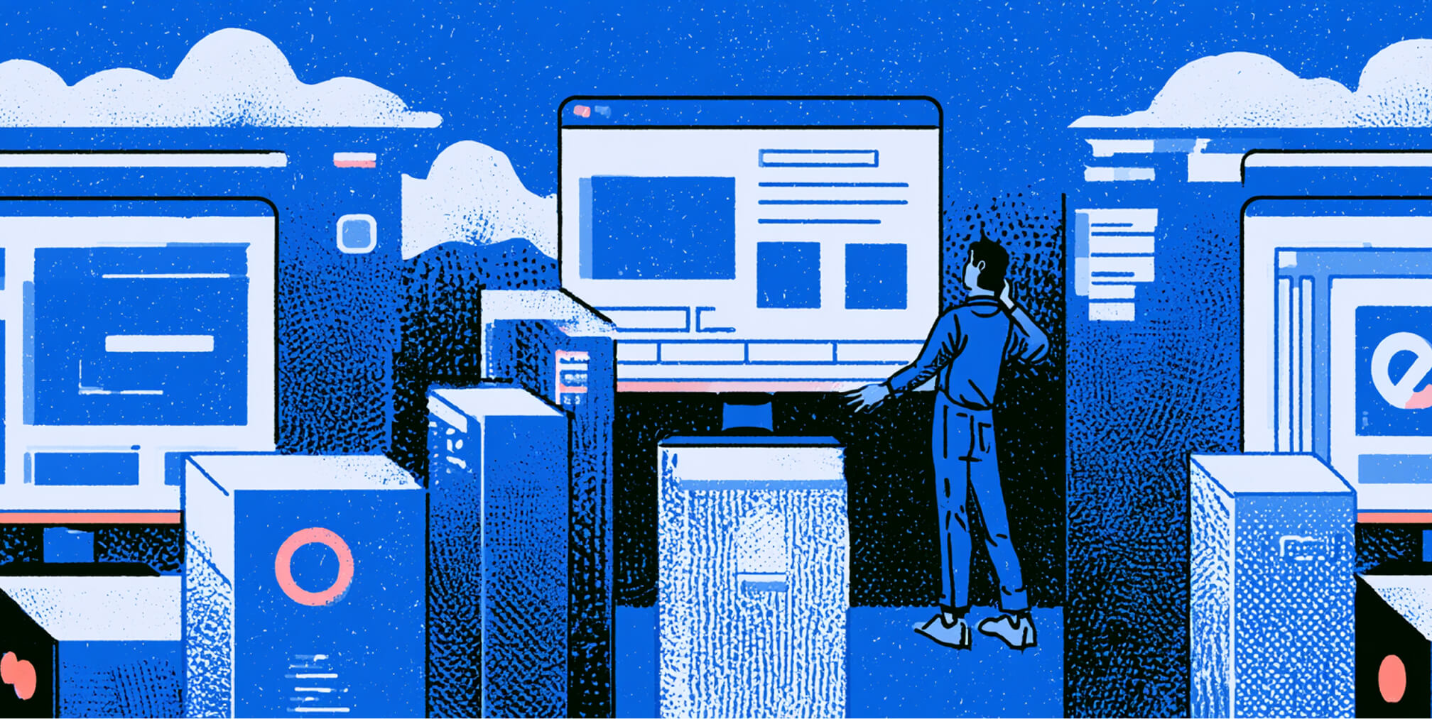 Designer stands among oversized website interfaces and digital systems, representing the expanding ecosystem of AI website builders and design tools.