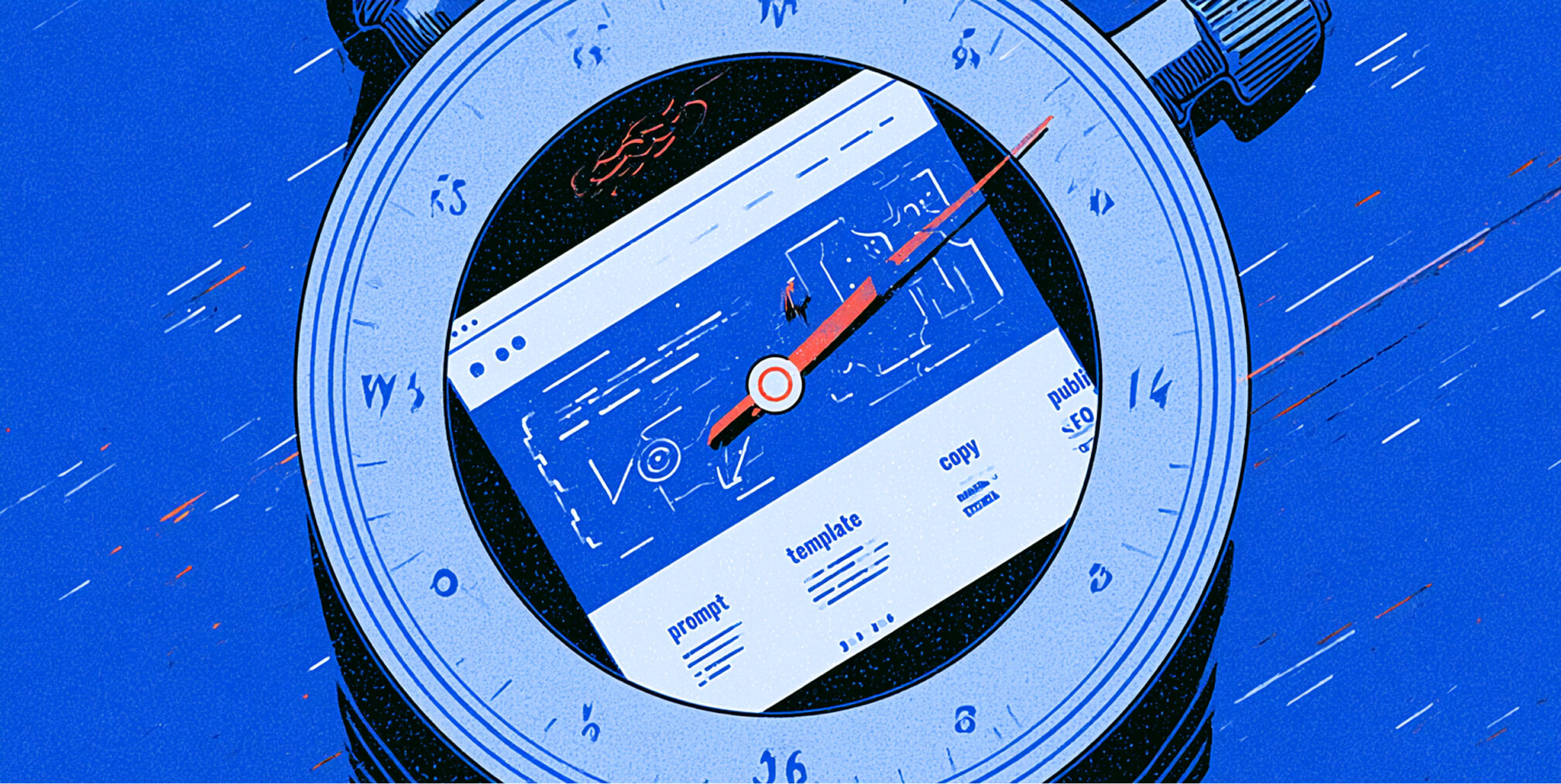 Website interface appears inside a compass, symbolizing the process of navigating AI web design options and choosing the right approach for a project.