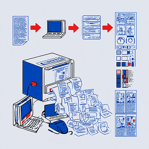 Documents move through computers and an automated machine before becoming organized visual assets, illustrating AI-powered brand content production at scale.