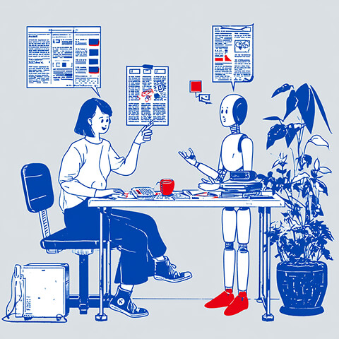 Human and robot sit across from each other reviewing documents, representing collaboration between human brand strategists and artificial intelligence.