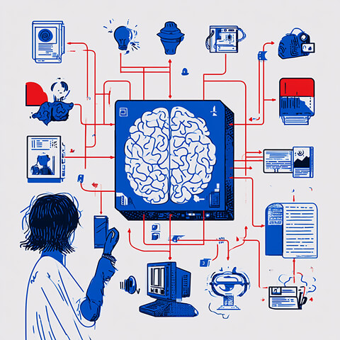 Person interacts with a central digital brain connected to creative tools, documents, devices, and media, illustrating AI as a connected system for branding tasks.