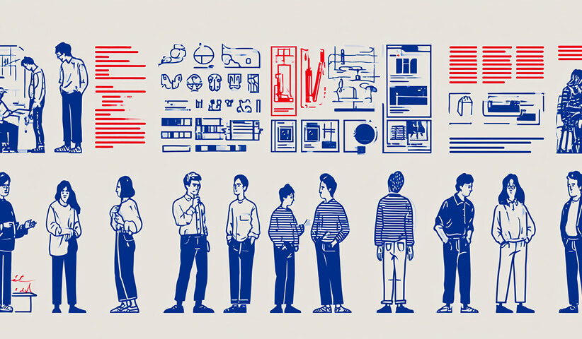 Diverse group stands beneath an organized collection of visual assets, layouts, and brand elements, representing the human audiences and creative systems that shape a brand.