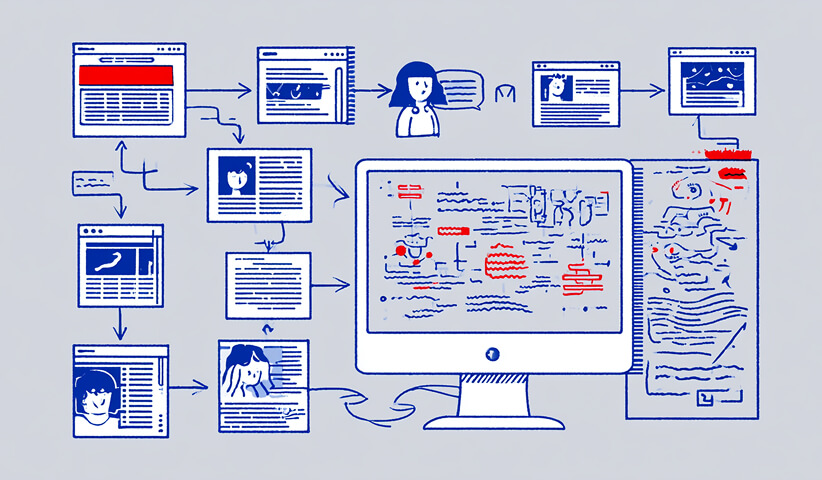 Multiple content sources flow into a central computer interface, illustrating how AI can combine information, insights, and creative inputs into a unified branding workflow.