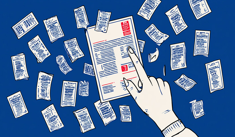 Hand selects one document from a large field of competing content, representing the importance of human judgment when reviewing and refining AI-generated brand material.