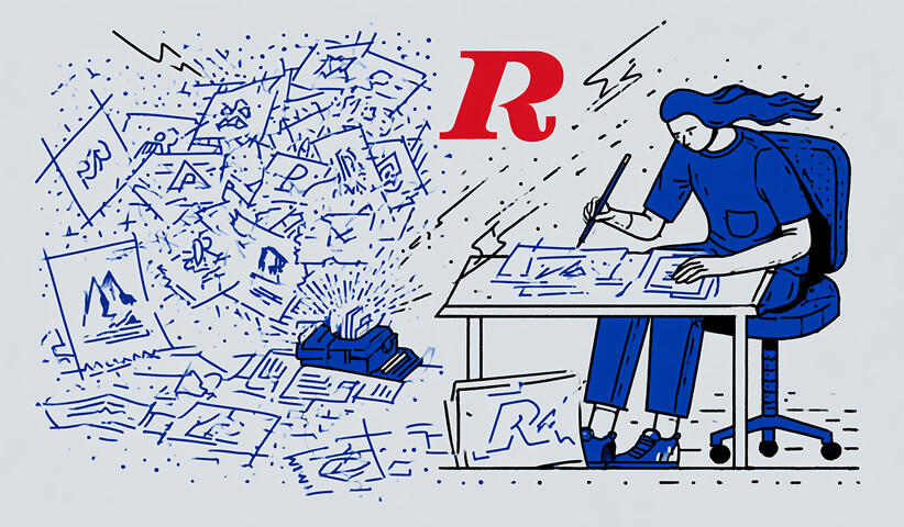 Designer creates at a desk while a chaotic stream of generated visual concepts emerges nearby, contrasting focused human creativity with high-volume AI generation.