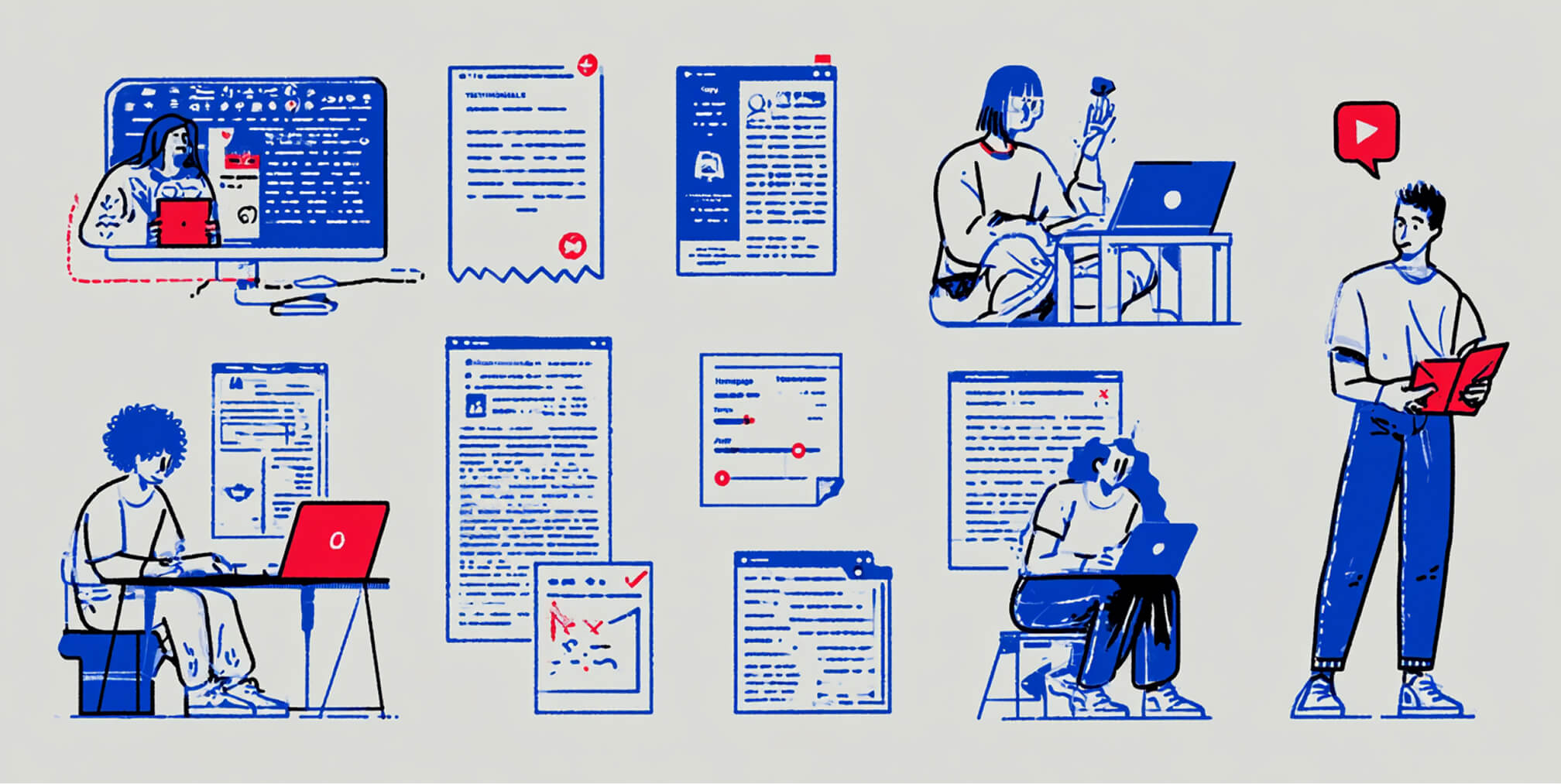 People work across laptops, documents, digital interfaces, and content platforms, illustrating the range of AI-supported activities involved in building and managing a brand.
