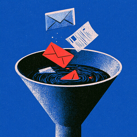 Emails and marketing messages fall into a funnel, representing how campaigns filter prospects through the customer journey toward conversion.