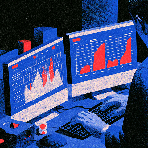 Marketer reviews performance charts across multiple screens, illustrating the analysis of conversion data, campaign results, and areas for improvement.