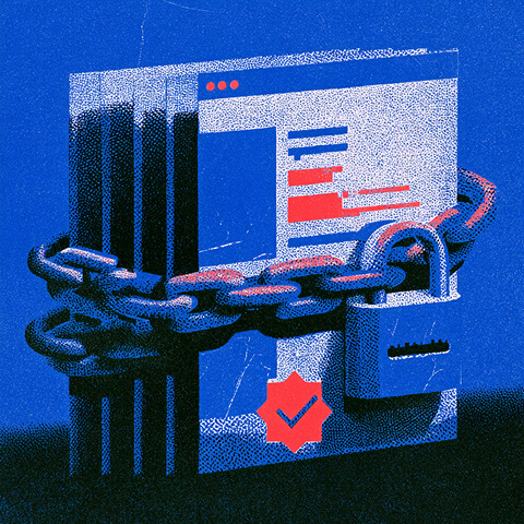 Website interface wrapped in heavy chains and a padlock, illustrating technical, UX, or strategic barriers that prevent visitors from converting.