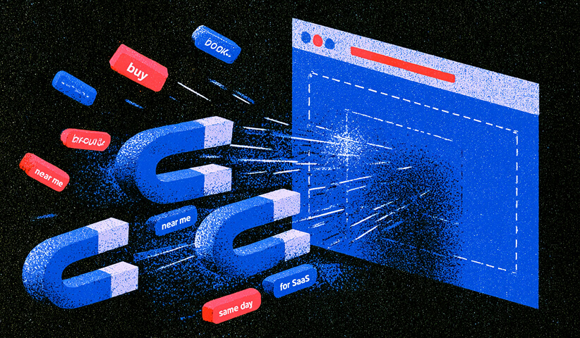 Magnets pull search-intent phrases toward a website, representing how targeted keywords and relevant content attract prospects with stronger purchase intent.