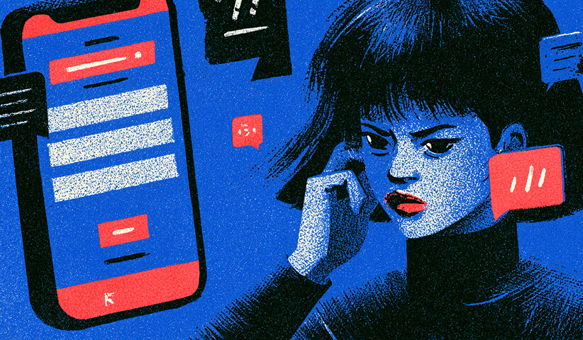 Customer interacts with a mobile interface surrounded by messages and notifications, illustrating how digital touchpoints influence engagement and buying decisions.