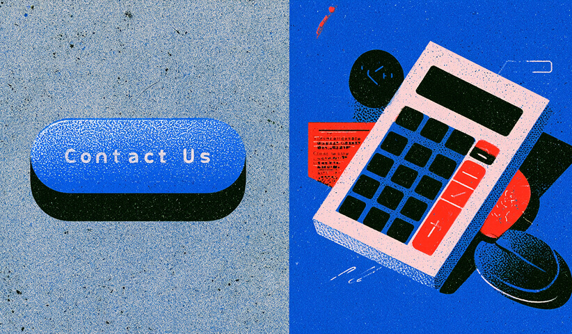 A prominent “Contact Us” button sits beside a calculator and business tools, representing the importance of clear calls to action and measurable conversion opportunities.