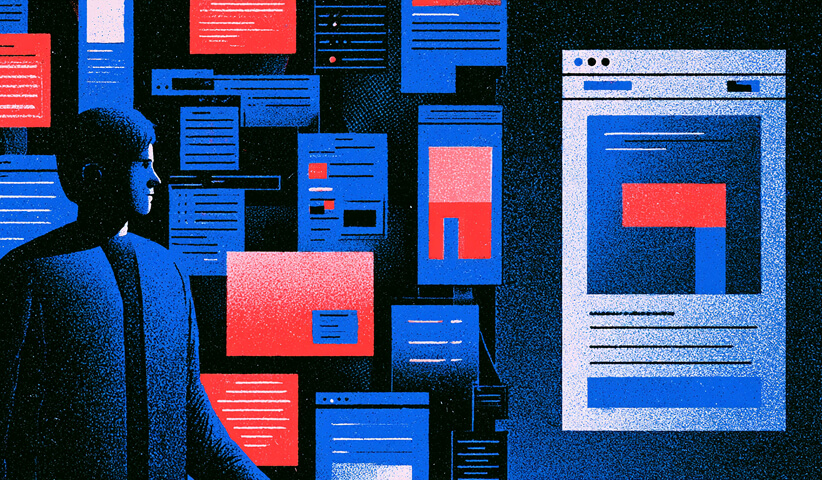 Marketer examines a collection of different website layouts and content blocks, representing the process of evaluating messaging, design, and user experience for conversion problems.