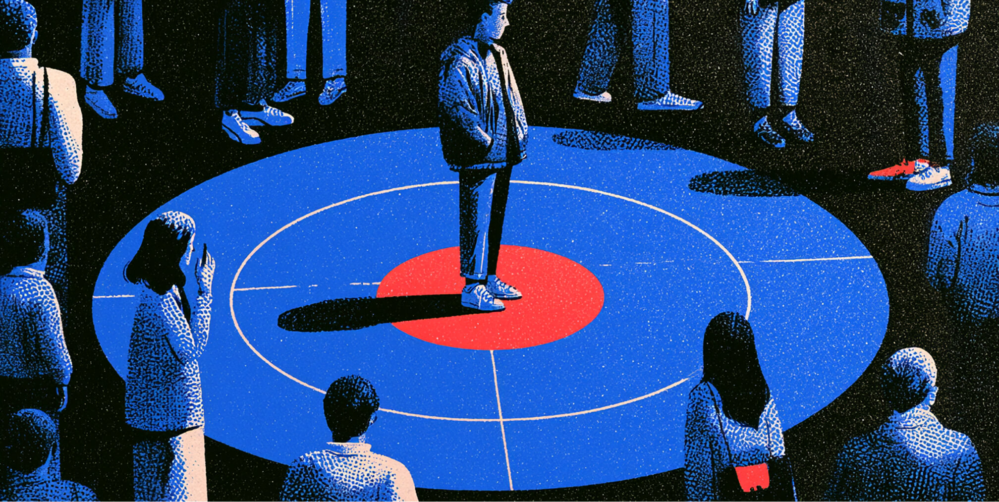Individual stands at the center of a large target while surrounded by other people, representing the importance of identifying and focusing marketing on the right audience.