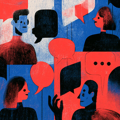 Group of people surrounded by overlapping speech bubbles, representing conversations, audience engagement, and the role of communication in building brand awareness.