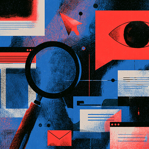 Magnifying glass examines digital content, messages, and visual elements, representing brand research and evaluating how a business appears across different touchpoints.