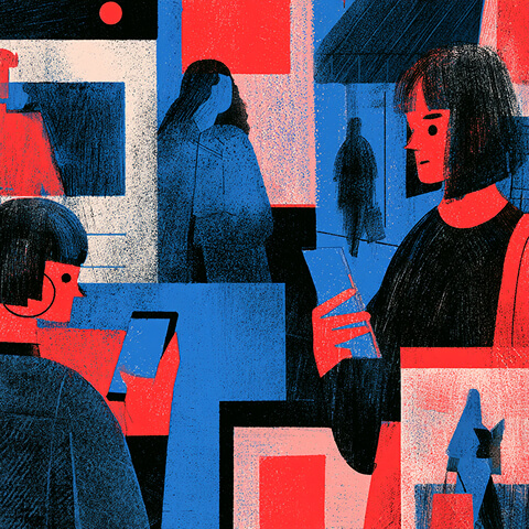 People interact with mobile devices in a visually fragmented environment, illustrating how audiences encounter and engage with brands across everyday digital experiences.