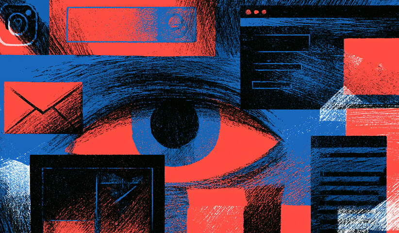 Large eye surrounded by emails, web pages, and digital content, illustrating brand visibility and the importance of being consistently seen across multiple channels.