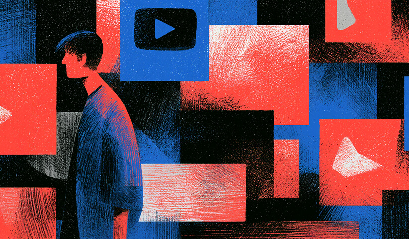 Individual moves through a dense landscape of media panels and digital content, representing the challenge of maintaining a recognizable brand presence across crowded channels.