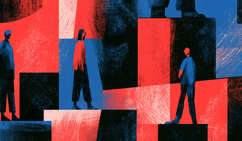 People navigate a fragmented landscape of large colored blocks, representing the different paths and touchpoints audiences encounter while discovering a brand.