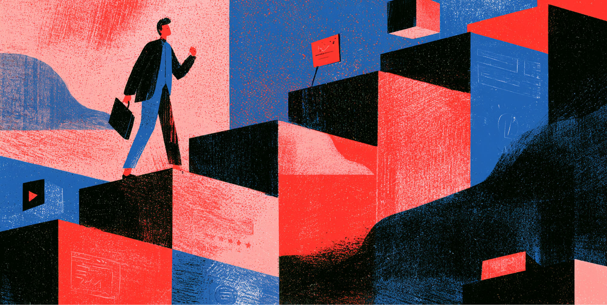 Professional climbs a staircase built from media and digital content blocks, illustrating the gradual process of strengthening brand presence through consistent strategic effort.