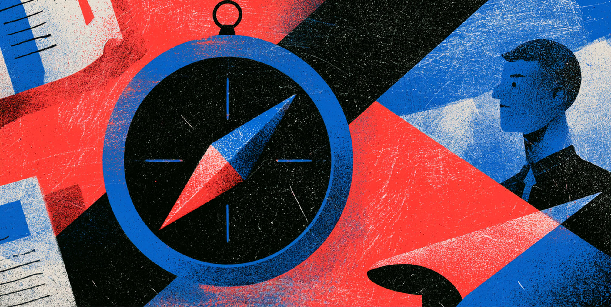 Compass layered over business imagery and a professional figure, representing strategic direction and the importance of maintaining a clear brand identity as a business grows.