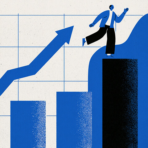 Professional walks across rising columns beside an upward arrow, symbolizing strategic growth, expansion, and long-term business objectives.