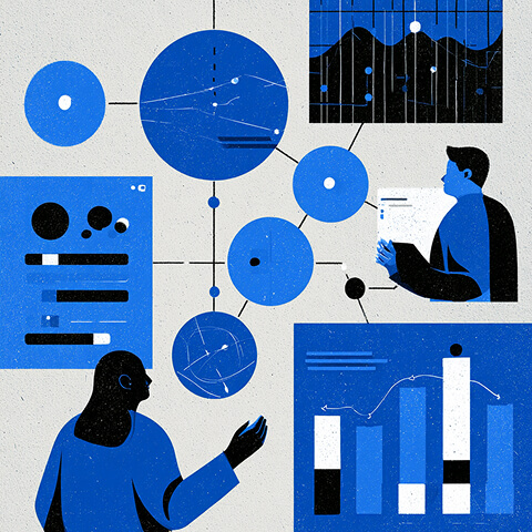 Business professionals surrounded by interconnected charts, diagrams, and data points, illustrating strategic analysis and the relationships between different areas of an organization.