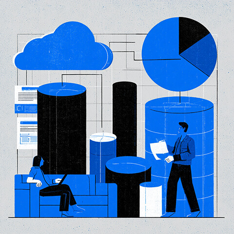Professionals work among large data columns, cloud systems, and a pie chart, representing the management of business resources, information, and organizational performance.