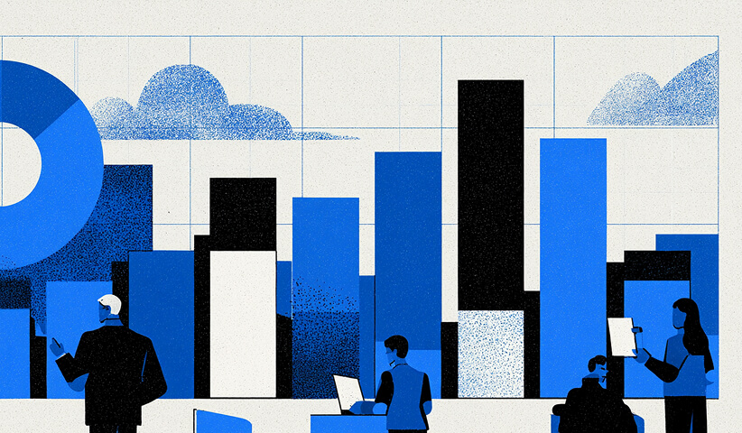 Professionals stand among a landscape of different-sized business columns and charts, representing portfolio management and the allocation of resources across multiple business units.